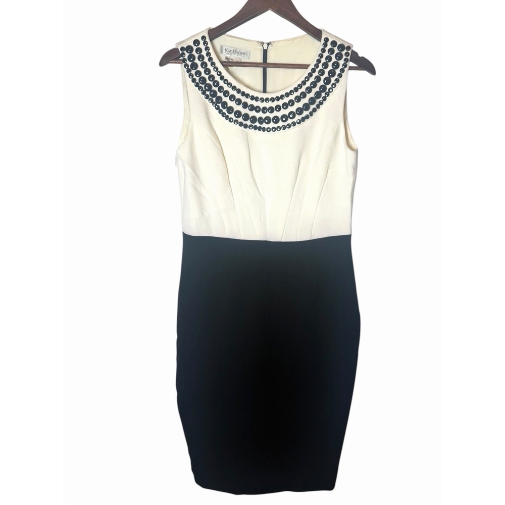 Kay Unger New York Sheath Dress Black Cream Beaded Neckline Size 10